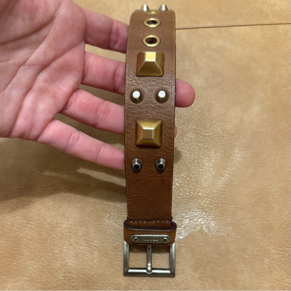 Vintage Prada Brown Leather Cuff with Gold and Silver Studs - Picture 3 of 8
